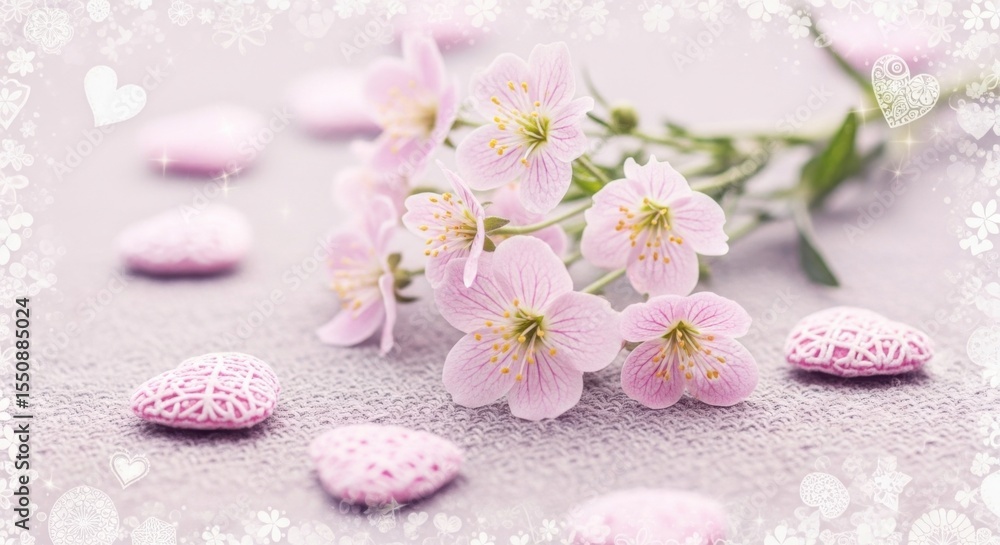 Gentle Pink Flower Arrangement with Delicate Hearts and Snowflake Border A Symbol of Sweetness and Winter Charm Gentle Pink Flower Arrangement with Delicate Hearts and Snowflake Border A Symbol of Sweetness and Winter Charm