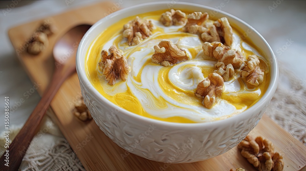 Warm winter pumpkin dessert with thick tahini swirl and crispy nuts Warm winter pumpkin dessert with thick tahini swirl and crispy nuts