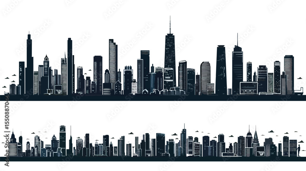 Naklejka premium set of City silhouette in flat style. Modern urban landscape. Vector illustration , black silhouettes isolated on white background