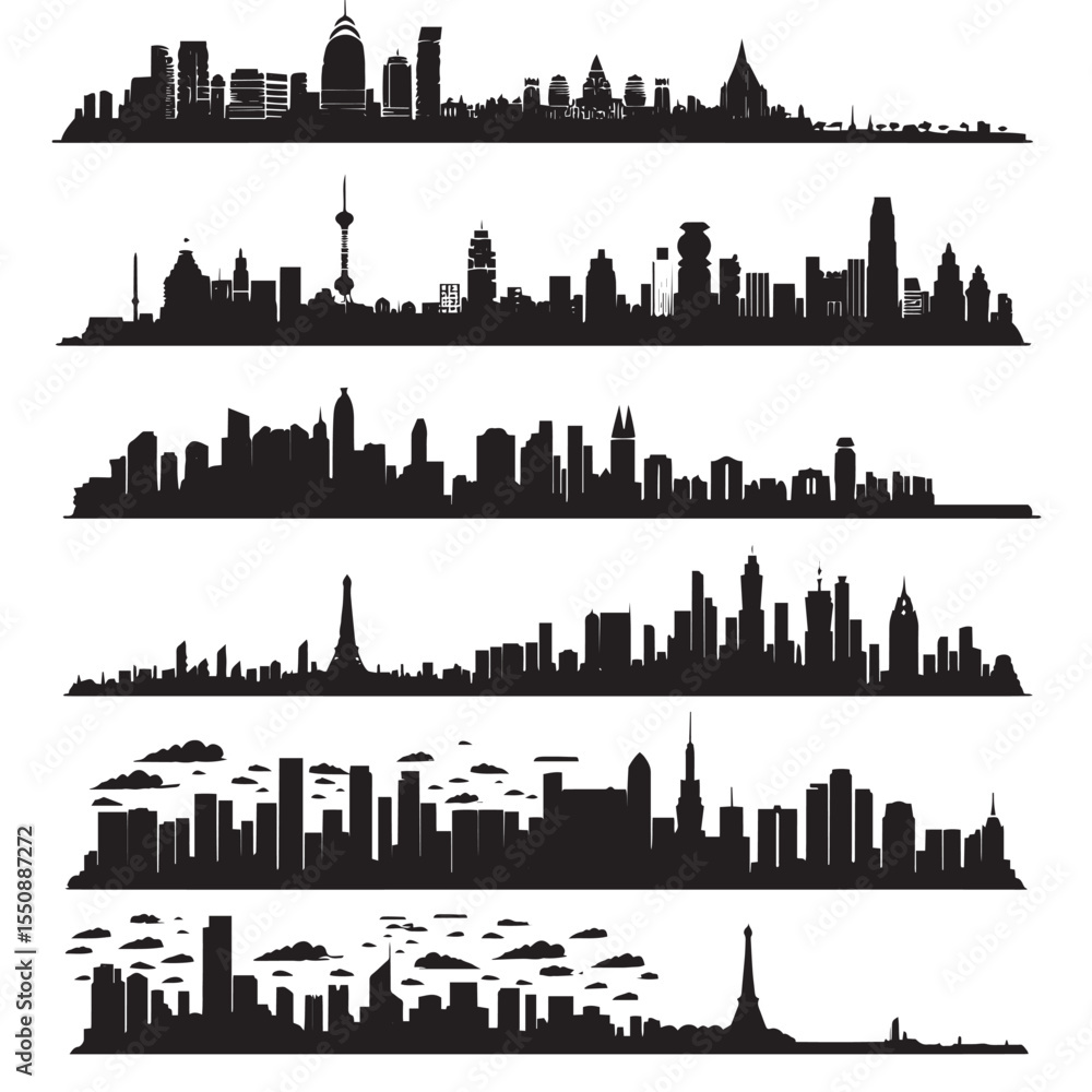 Obraz premium set of City silhouette in flat style. Modern urban landscape. Vector illustration , black silhouettes isolated on white background