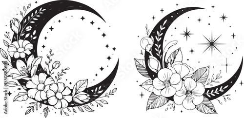 This image features two stylized crescent moons, each adorned with an arrangement of orchids, leaves, and stars, rendered in black and white for a mystical botanical theme.