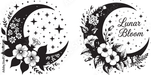 This image features two stylized crescent moons adorned with an arrangement of flowers, leaves, and stars, with one design also including the text "Lunar Bloom", all rendered in black and white for a 