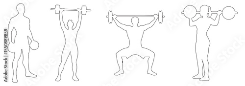 Weightlifting silhouette icon set. Male and female athlete. Gym Silhouette Vector Art Icons. Eps 10.