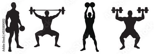 Man and Women weightlifting silhouette icon set. Variety weightlifting Icon design. Human athlete, weightlifter and sport. isolated on white background. Vector illustration. EPS 10.