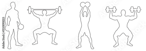 Man and Women weightlifting silhouette icon set. Variety weightlifting Icon design. Human athlete, weightlifter and sport. isolated on white background. Vector illustration. EPS 10.