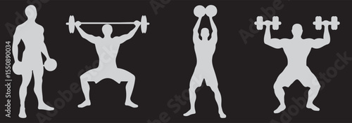 Man and Women weightlifting silhouette icon set. Variety weightlifting Icon design. Human athlete, weightlifter and sport. isolated on white background. Vector illustration. EPS 10.