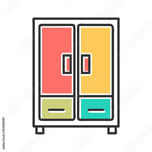 Colorful cartoon wardrobe with two doors and drawers silhouette