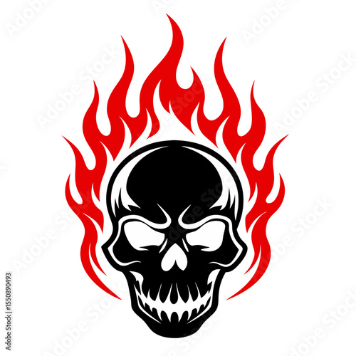 Fiery skull tattoo design with tribal flames silhouette