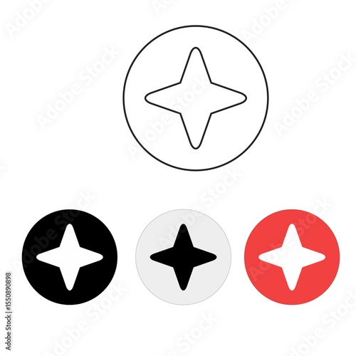 star and round vector icons, line icons, colored icons using round buttons with black, white and red colors