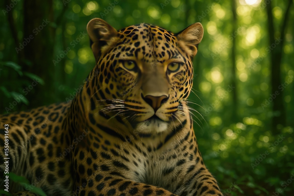 Obraz premium Closeup portrait of a majestic leopard in a lush green forest