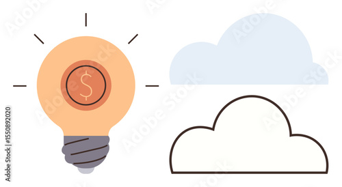 Lightbulb with glowing outlines and dollar sign suggests profitable ideas. Two cloud icons symbolize online storage, brainstorming, and abstract thinking. Ideal for finance, creativity, innovation