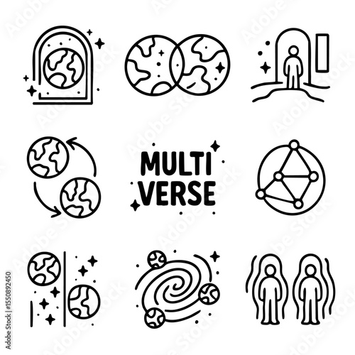 A set of doodle line icons depicting multiverse concepts, parallel dimensions, alternate realities, portals, and cosmic networks