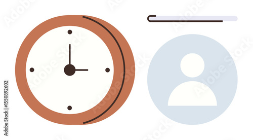 Analog clock representing time, minimalist user profile icon, and progress bar. Ideal for productivity, scheduling, business, deadline, personal development, time tracking simple flat metaphor