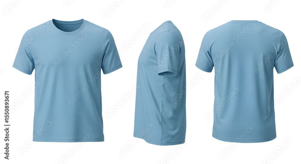 © nida sofiah - A set of three perspectives showcasing a light blue t-shirt, ideal for casual wear, displayed against a neutral background