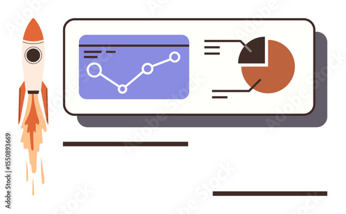 Rocket launching with a blazing trail beside a dashboard showcasing a line graph and pie chart. Ideal for business growth, data analysis, innovation, startup success, progress tracking, productivity