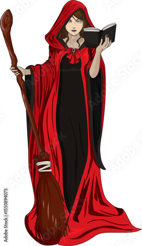 Witch With Broom And Magic Book Vector