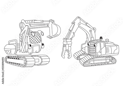 Vector cartoon excavator coloring page for kids. Black and white line art of two cute construction vehicles with smiling faces. Perfect for printable worksheets
