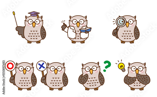 学習シーンのフクロウ キャラクターセット