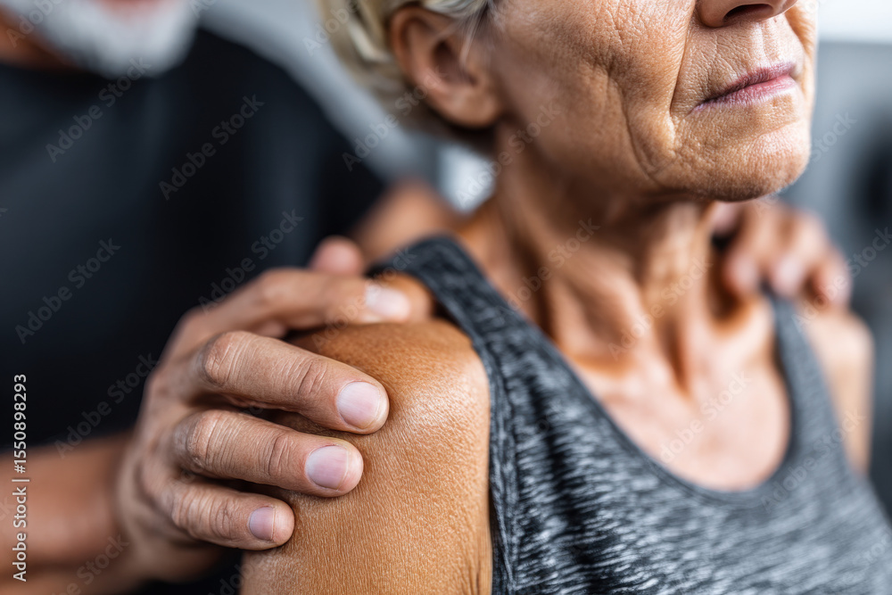 Fototapeta premium Mature woman receives treatment for shoulder pain