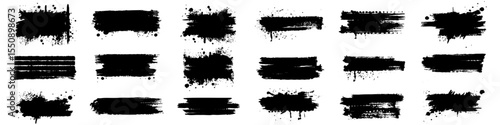 Ink stencil brush strokes and grunge lines with paint splashes drawn in a rectangular shaped composition for text, callouts. Brush strokes in dirty style with drops blots. Grunge banners. Vector set