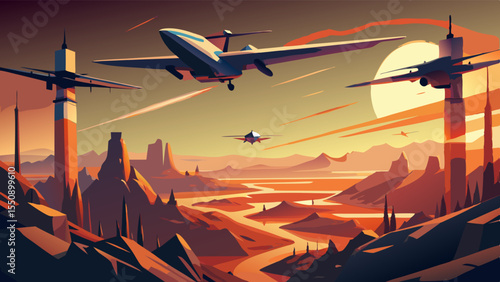 High-altitude view of drones, fighter jets, and ballistic missiles intersecting over arid terrain, glowing under the heat of sunset and fire