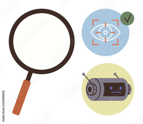 Magnifying glass, eye recognition with target overlay, and robot face suggest exploration, AI, robotics, and recognition technology. Ideal for innovation, science, accuracy research control