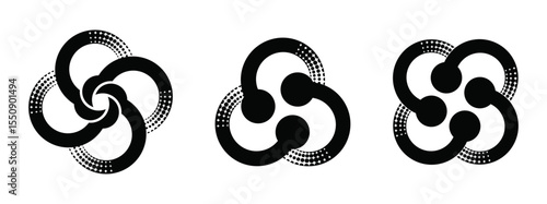 Inside the atom – interlocking energies, abstract interlocking circle forms with halftone dot patterns.