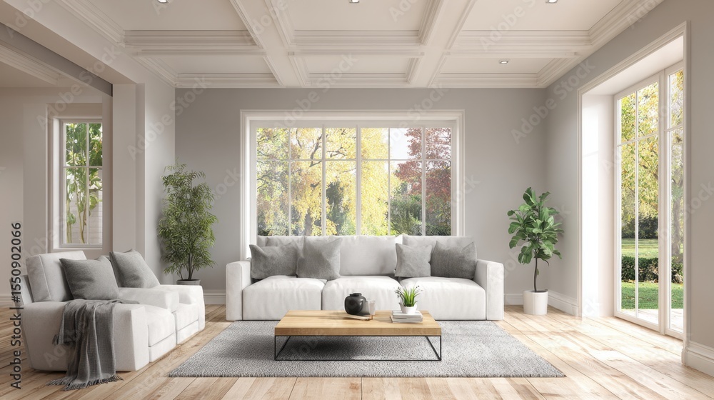 Fototapeta premium Elegant living room using light gray throw pillows and white upholstery to keep the space fresh