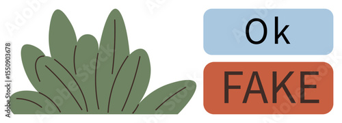 Green bushy leaves paired with contrasting Ok in blue and Fake in red blocks. Ideal for honesty, integrity, truth, fraud detection, decision-making, branding, evaluation, simple flat metaphor