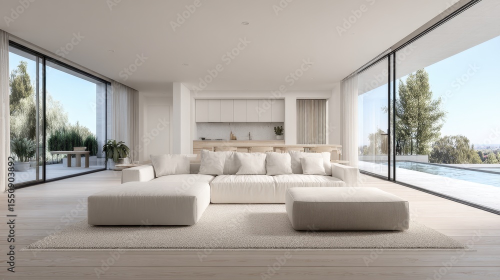 Fototapeta premium Open home layout using white tones for seamless integration of spaces and natural flow