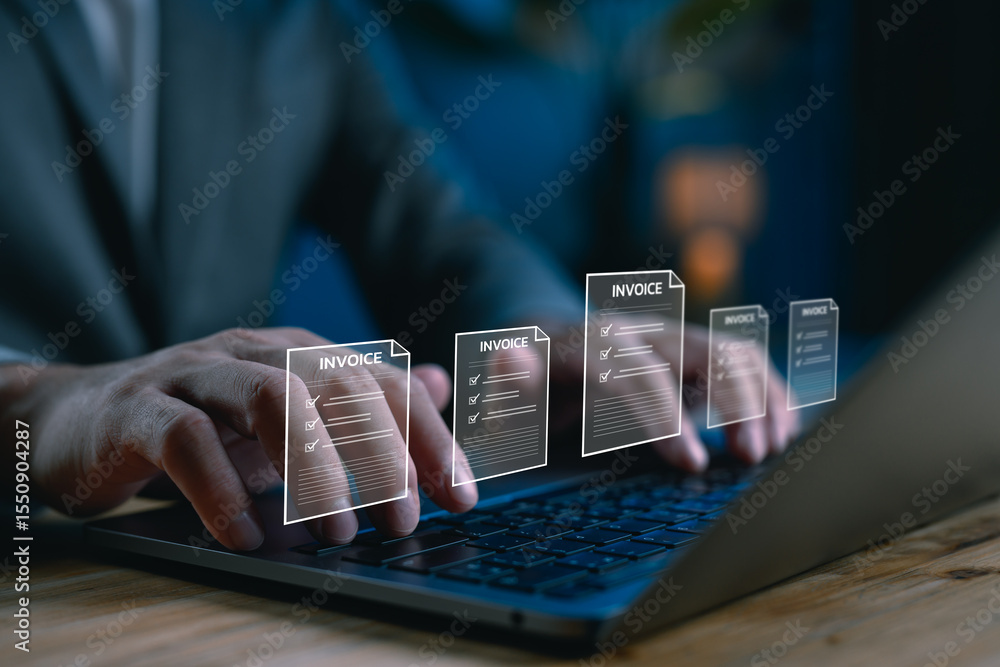 Multiple Invocing Automated digital invoicing system concept showing hands typing on a ...
