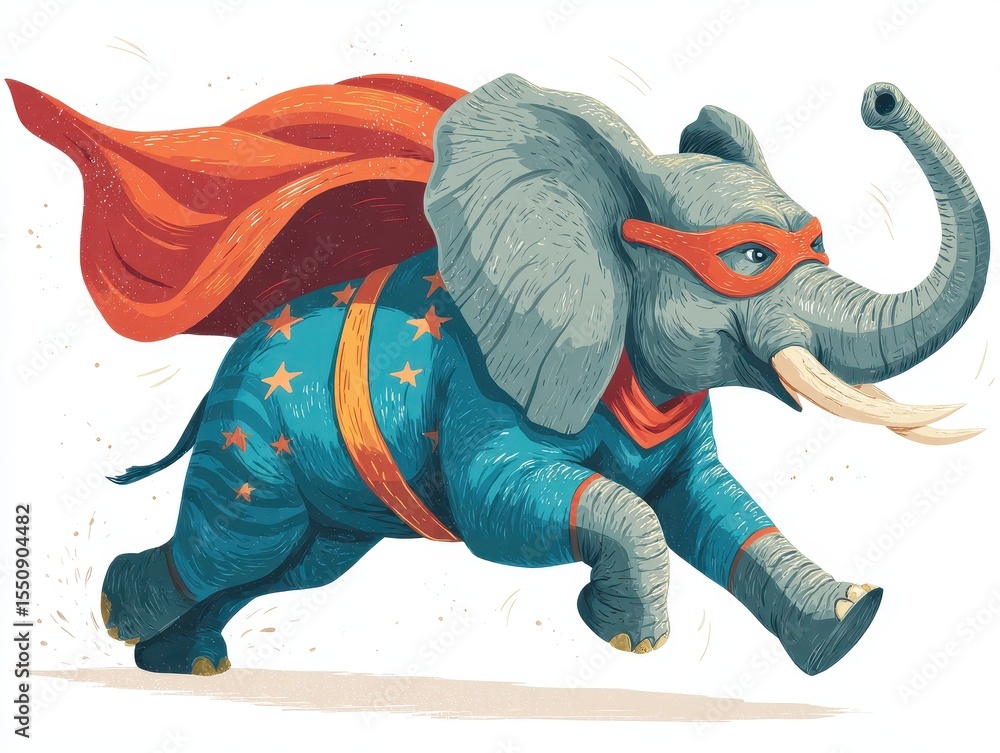 Obraz premium A superhero elephant in flight, wearing a cape and mask.