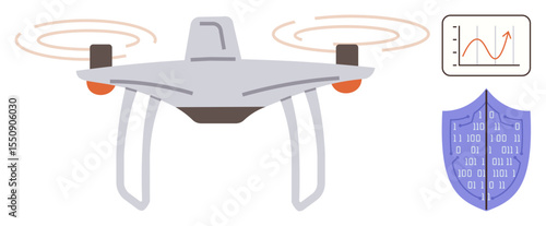 Flying drone with spinning rotors, performance graph indicating analytics, and binary-coded shield. Ideal for technology, innovation, security, aviation, data management, surveillance and drone