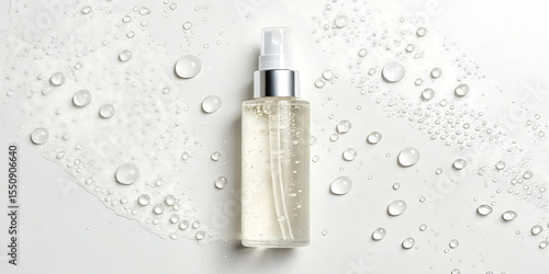 Clear spray bottle mockup on white background with water droplets for skincare product advertising