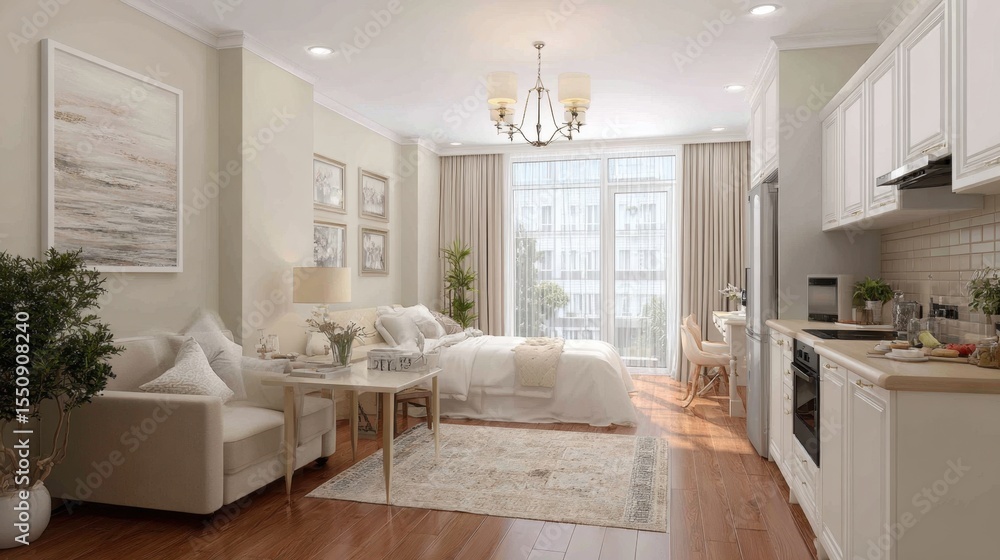 Fototapeta premium White-painted studio apartment with compact furniture and open design for a fresh look