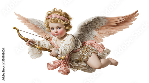 A cherubic angel with golden bow and arrows ready to strike isolated on transparent background