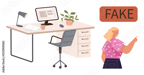 Woman gesturing at bold Fake next to clean modern workspace with desk, monitor, office chair, lamp, paper, and plant. Ideal for workplace communication, hoax awareness, discernment authenticity