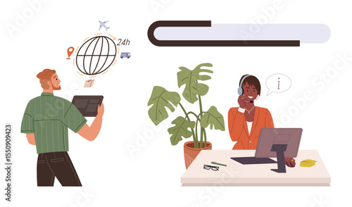 Woman at desk with computer and headset answering queries, man using tablet for international delivery tracking. Ideal for customer support, e-commerce, logistics, online help, global business