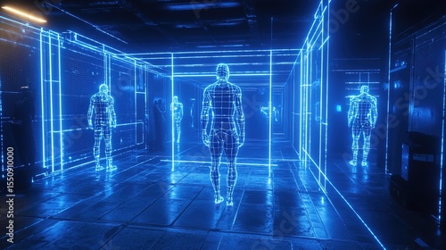 A neon-blue 3D motion-capture studio capturing realistic movements for video games