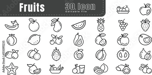 fruits and vegetables line icons set. vector icons minimalist editable stroke.  containing menu, pot, coffee, party, fresh, food, soft drink