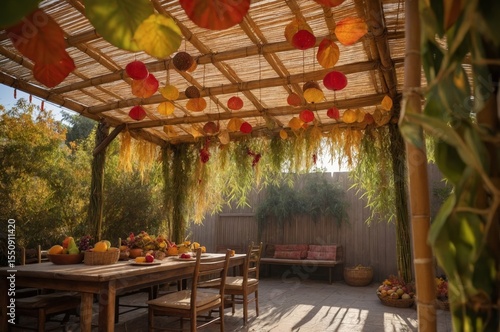 View from Inside a Sukkah Looking at Sunlight and Decorations