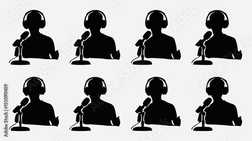 Repeated silhouettes of person with headphones speaking into a microphone on a white background
