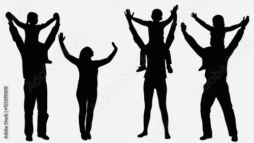 Silhouette of family members with children on shoulders and arms raised in the air joyfully