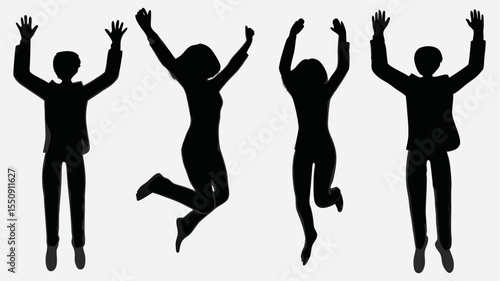 Silhouette of people jumping and raising arms in celebration against a white background is shown here