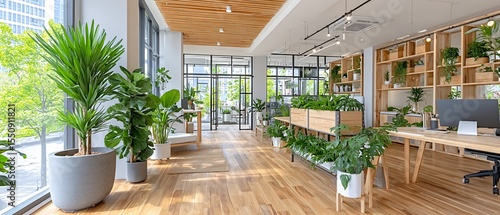Modern, bright office space with abundant plants