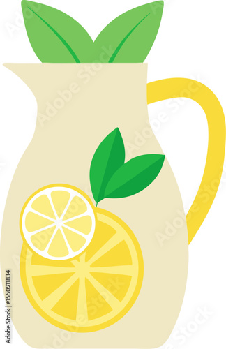 Minimalist vector of a pitcher of lemonade with lemon slices and mint sprigs with white background .
