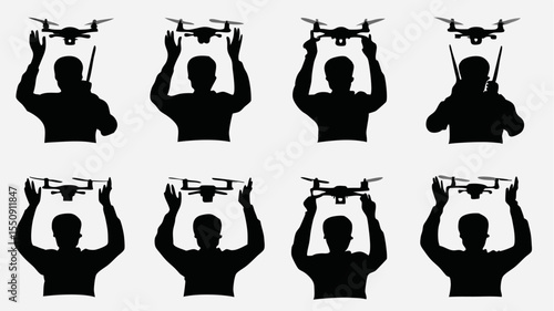 Silhouettes of people holding drones overhead in a repeating pattern on a white background scene