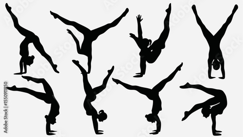 Silhouette illustration of women performing various handstand yoga poses in black and white style