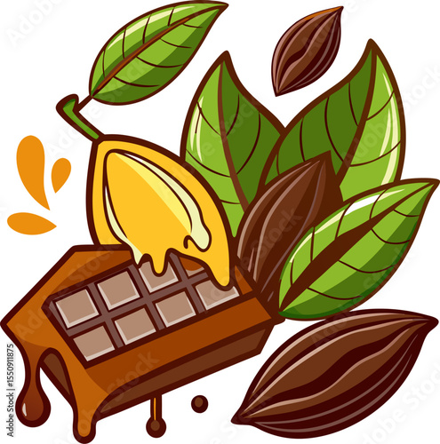 Playful vector of cocoa beans, chocolate bar pieces, and melting drizzle with white background .