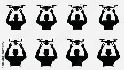 Silhouettes of people holding drones above them in a grid pattern against white background
